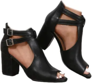 Women Peep Toe Ankle Booties Sandals Cut Out Chunky Block Heeled Sandals Cross Buckle Ankle Strap Dressy Sandals