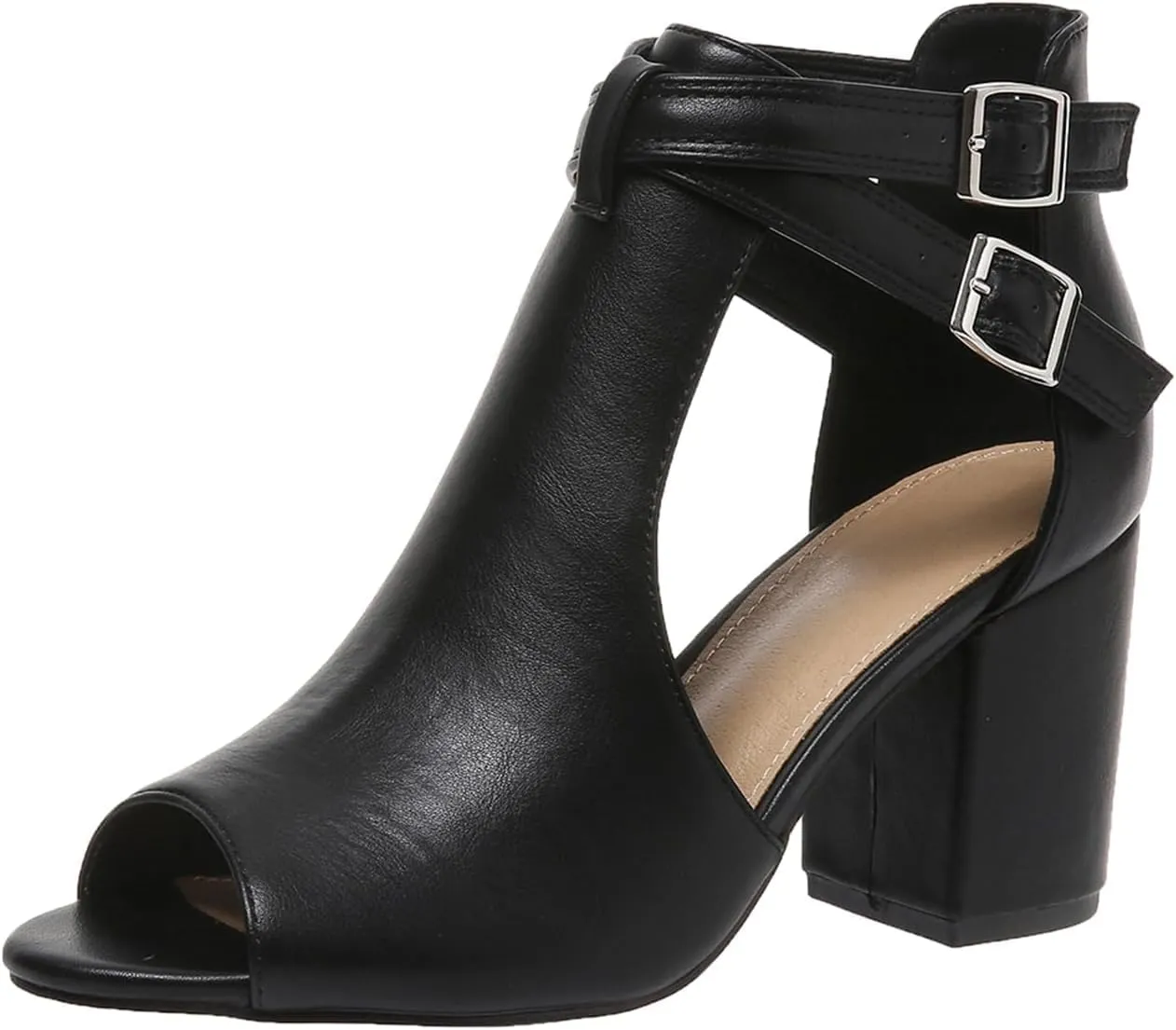 Women Peep Toe Ankle Booties Sandals Cut Out Chunky Block Heeled Sandals Cross Buckle Ankle Strap Dressy Sandals