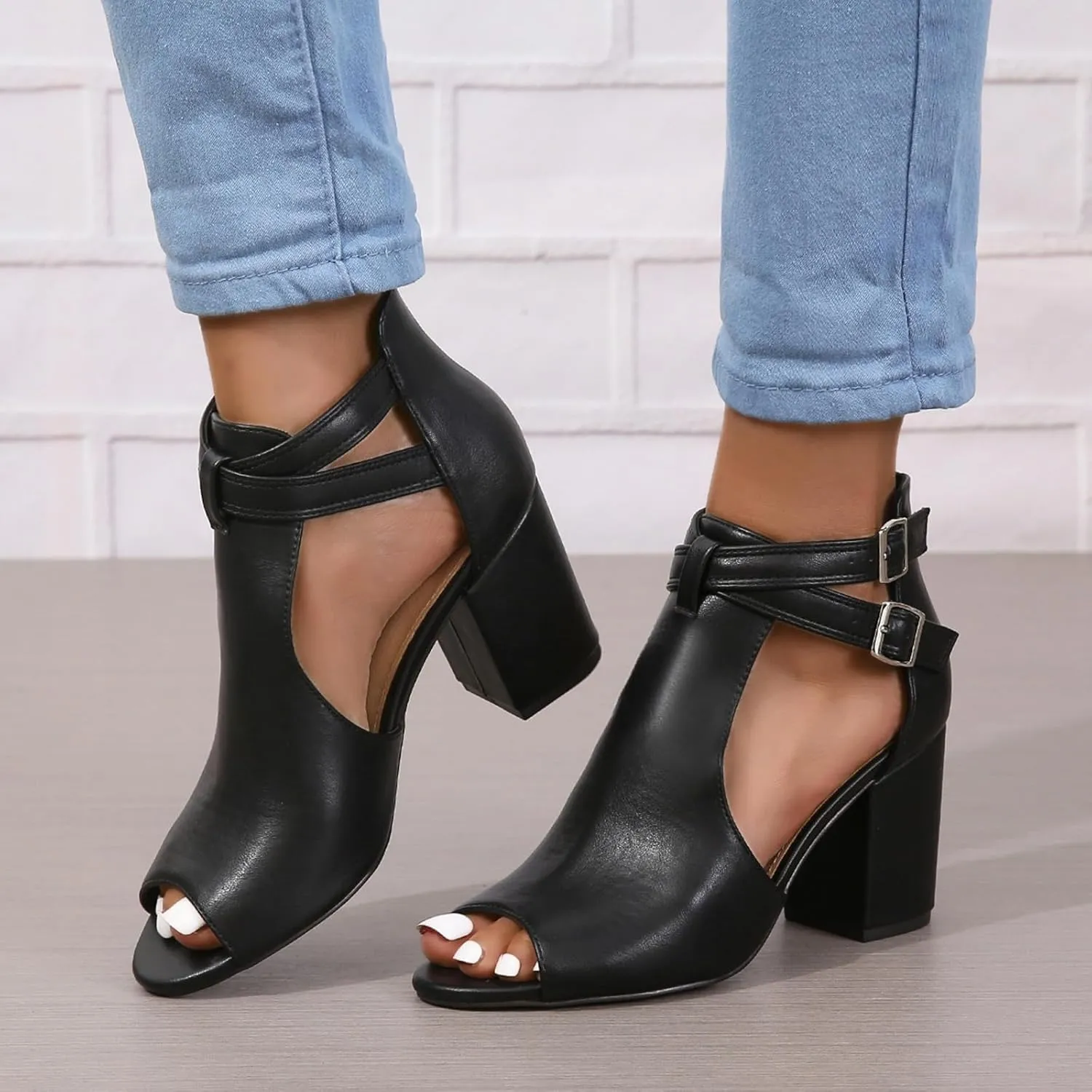 Women Peep Toe Ankle Booties Sandals Cut Out Chunky Block Heeled Sandals Cross Buckle Ankle Strap Dressy Sandals