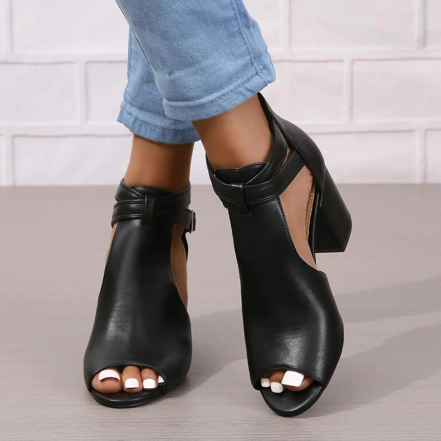 Women Peep Toe Ankle Booties Sandals Cut Out Chunky Block Heeled Sandals Cross Buckle Ankle Strap Dressy Sandals