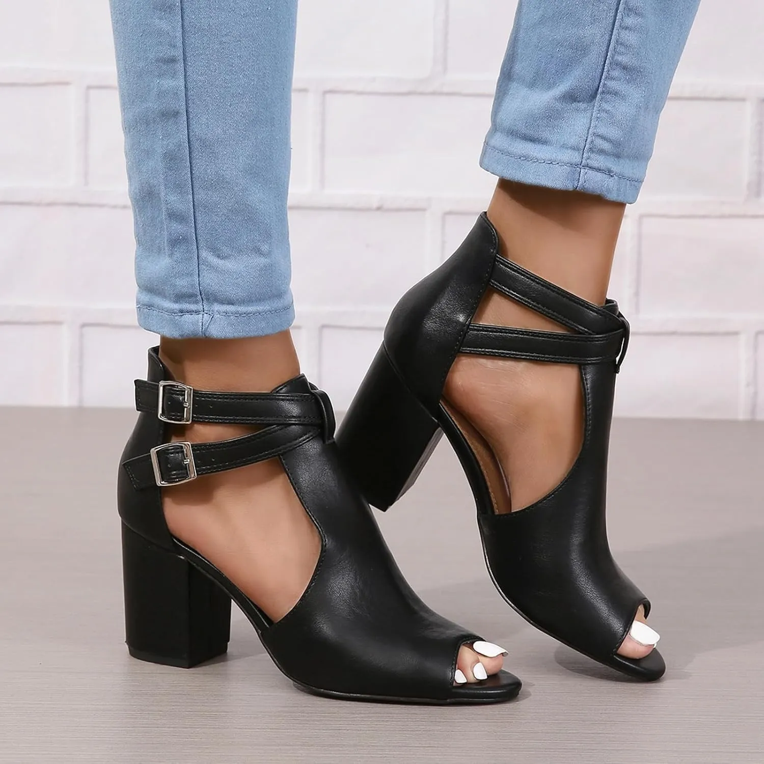 Women Peep Toe Ankle Booties Sandals Cut Out Chunky Block Heeled Sandals Cross Buckle Ankle Strap Dressy Sandals