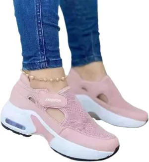 Women Sneaker Orthopedic Air Cushioned Sole Flying Woven Casual Sneakers Breathable Mesh Round Head Thick Bottom Magic Sticker Fashion Women's Shoes, for Daily Wear