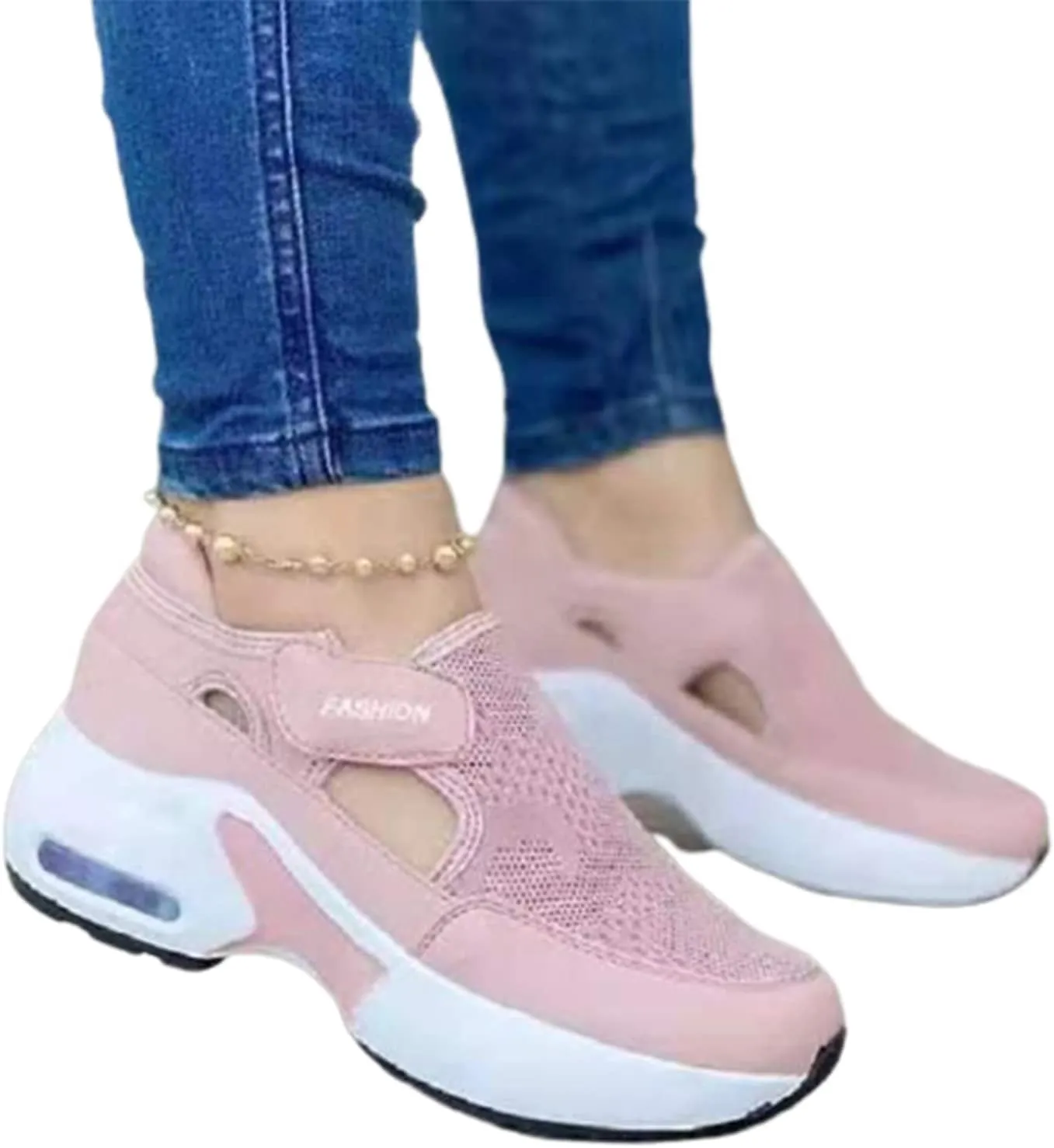 Women Sneaker Orthopedic Air Cushioned Sole Flying Woven Casual Sneakers Breathable Mesh Round Head Thick Bottom Magic Sticker Fashion Women's Shoes, for Daily Wear