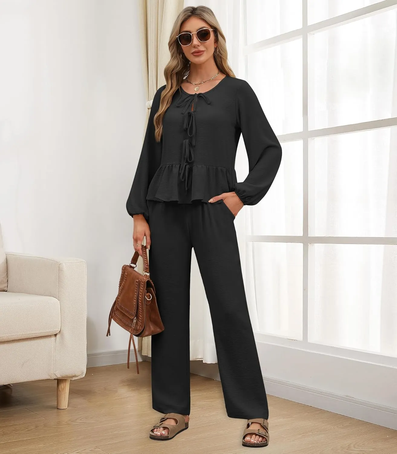 Womens 2 piece Outfits Long Sleeve Fall Lounge Pajama Sets Soft Sleepwear Tie Front Top Wide Leg Pants with Pockets