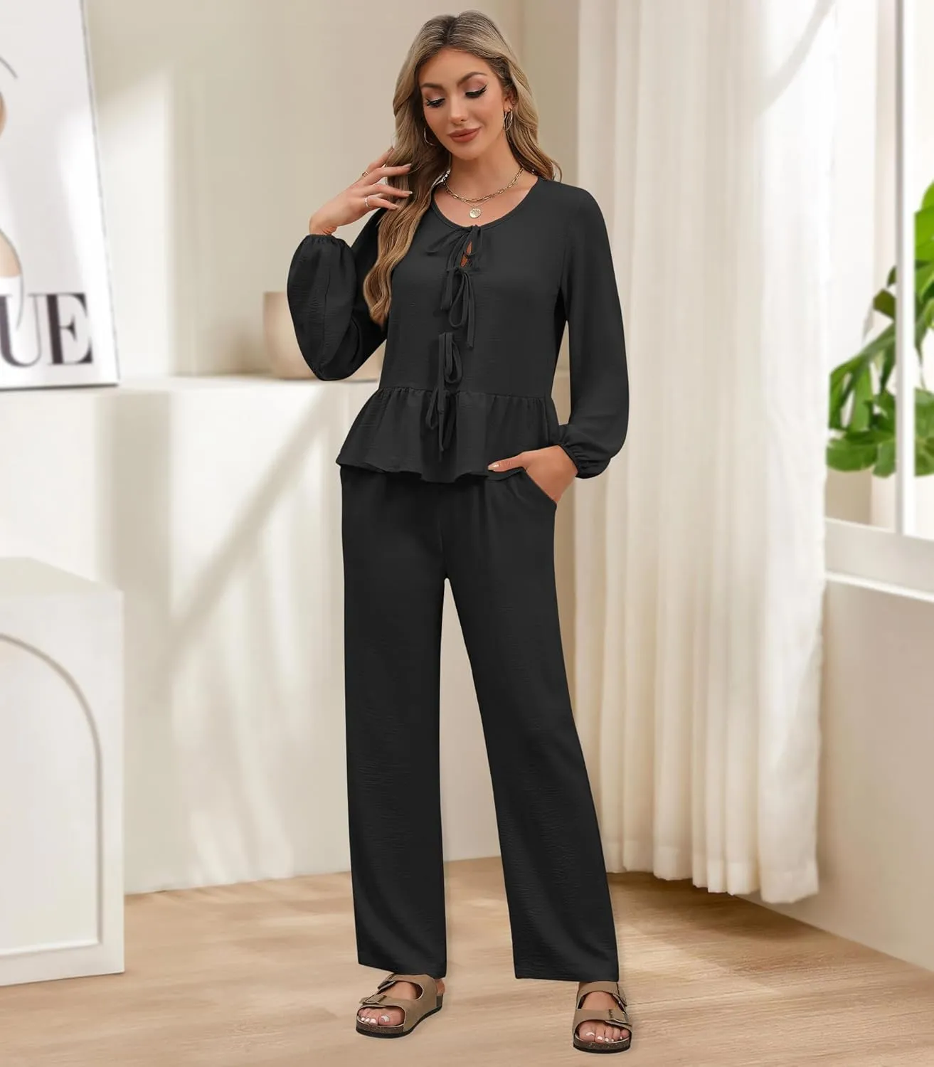 Womens 2 piece Outfits Long Sleeve Fall Lounge Pajama Sets Soft Sleepwear Tie Front Top Wide Leg Pants with Pockets