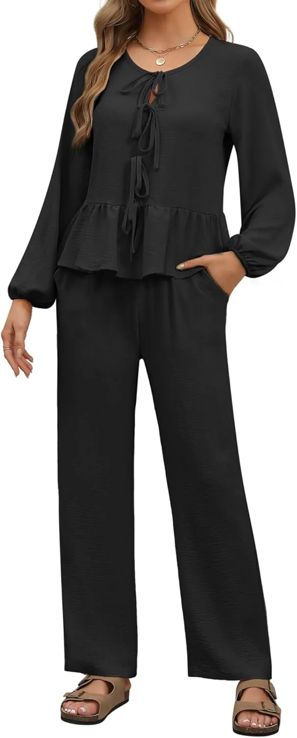 Womens 2 piece Outfits Long Sleeve Fall Lounge Pajama Sets Soft Sleepwear Tie Front Top Wide Leg Pants with Pockets