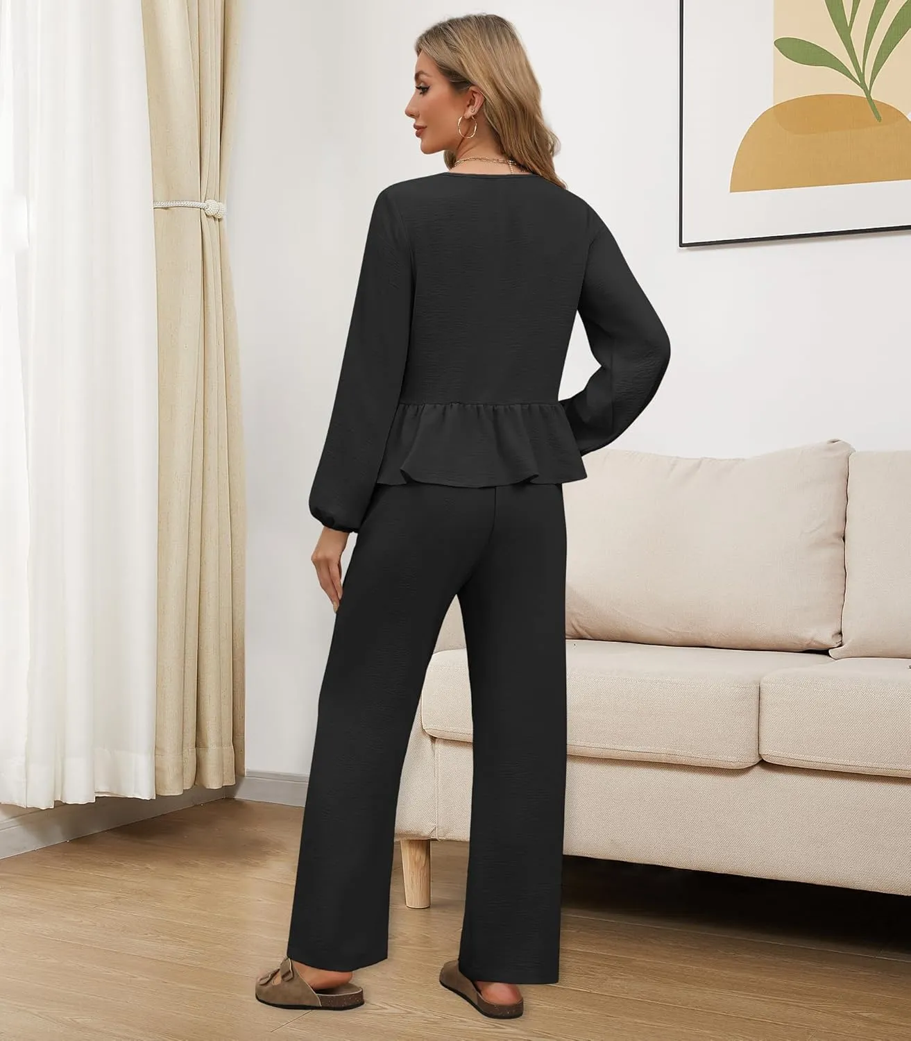 Womens 2 piece Outfits Long Sleeve Fall Lounge Pajama Sets Soft Sleepwear Tie Front Top Wide Leg Pants with Pockets