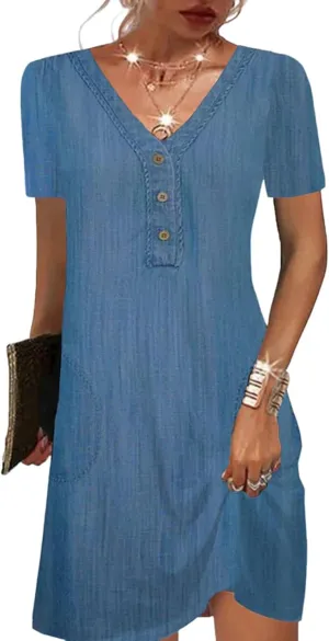 Womens 2025 Summer Blue Short Dress V Neck Short Sleeve Button Ruffle Casual Beach Vacation Party Mini Dress