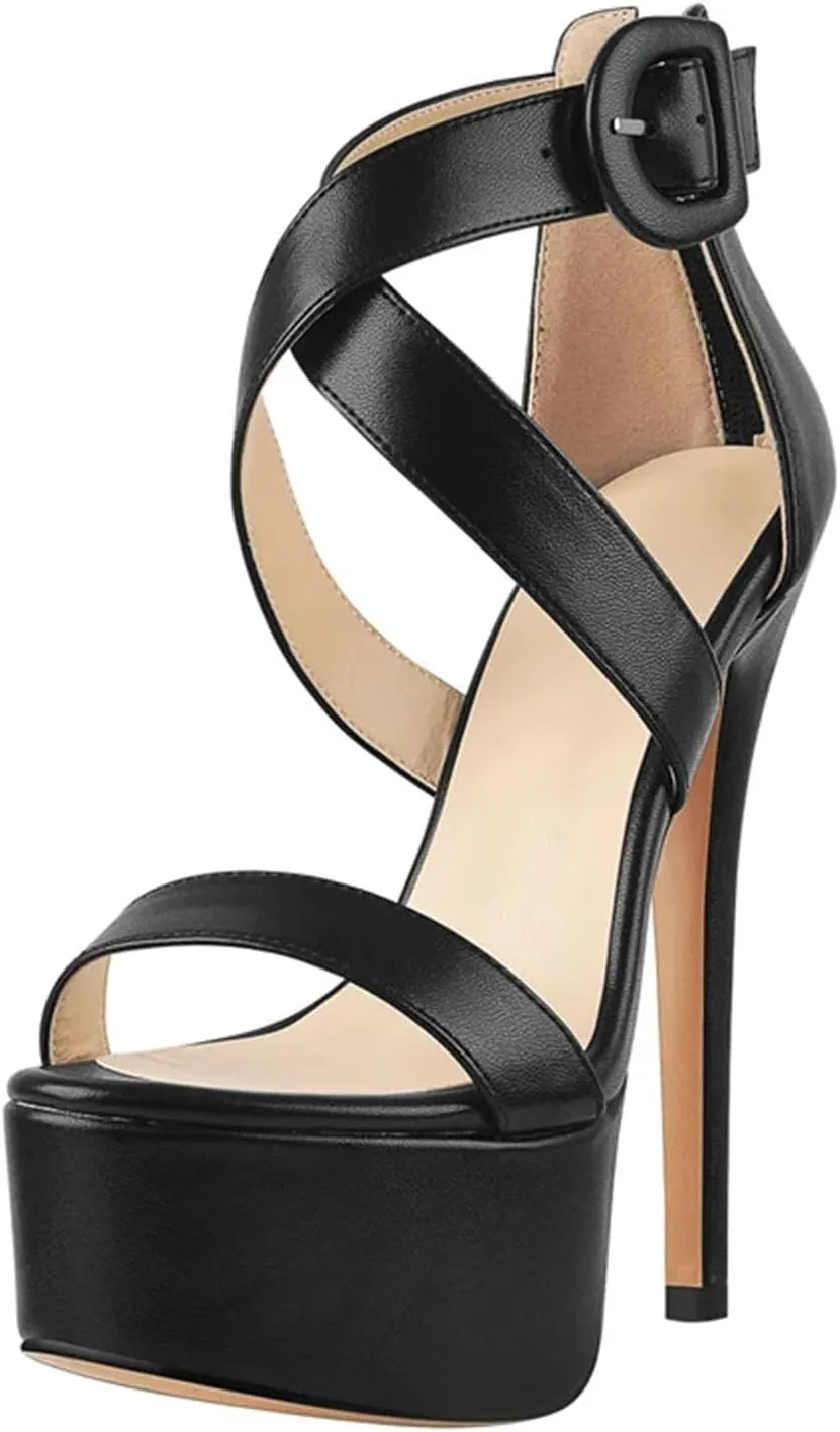 Women's Black & Gold Stilettos - Cross-Tied Peep-Toe Platforms