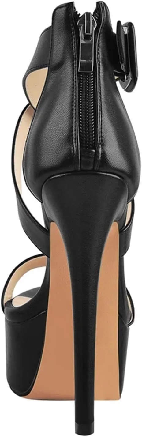 Women's Black & Gold Stilettos - Cross-Tied Peep-Toe Platforms