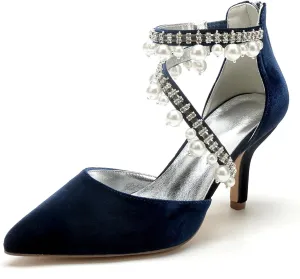 Womens Bridal Shoes Pointed Toe Wedding Shoes High Heel Beaded Pumps Heeled Ankle Buckle Court Sandals Evening Party Dress Stiletto,Dark Blue,11.5