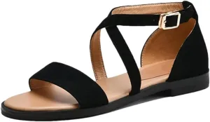 Womens Buckle Strap Cover Heel Flat Heel Open Side Strap Sandals Kid Suede Round Toe Casual Summer Sandals