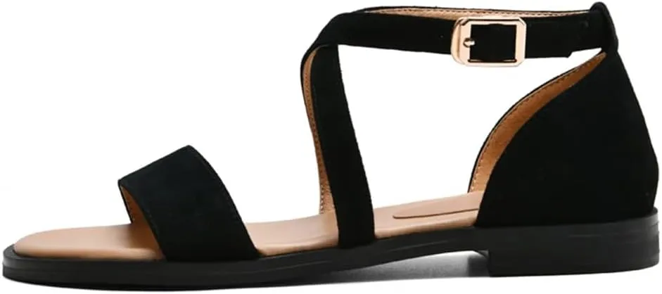 Womens Buckle Strap Cover Heel Flat Heel Open Side Strap Sandals Kid Suede Round Toe Casual Summer Sandals
