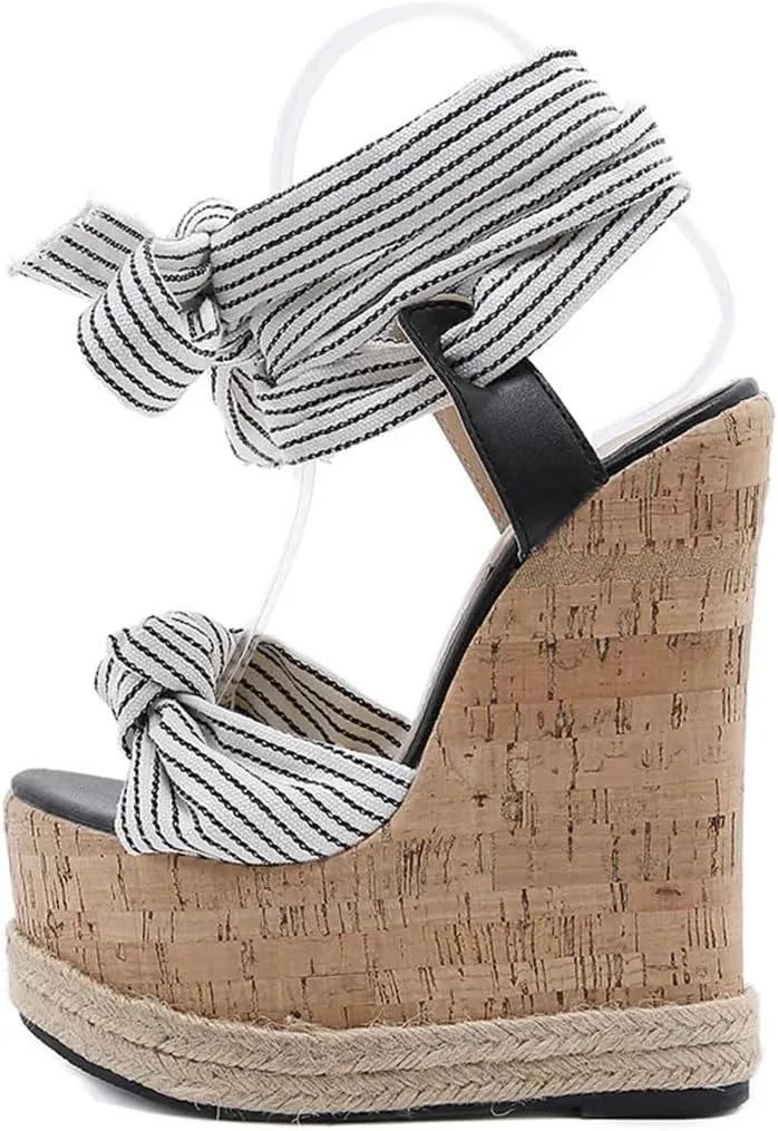 Women's Butterfly-Knot Lace-Up Open Toe Wedge Sandals With 8Cm High Heel And 5-7Cm Platform Party Shoes