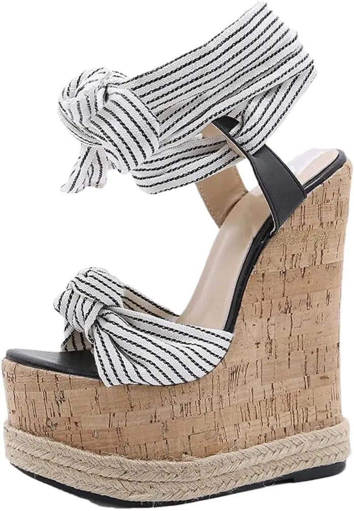 Women's Butterfly-Knot Lace-Up Open Toe Wedge Sandals With 8Cm High Heel And 5-7Cm Platform Party Shoes