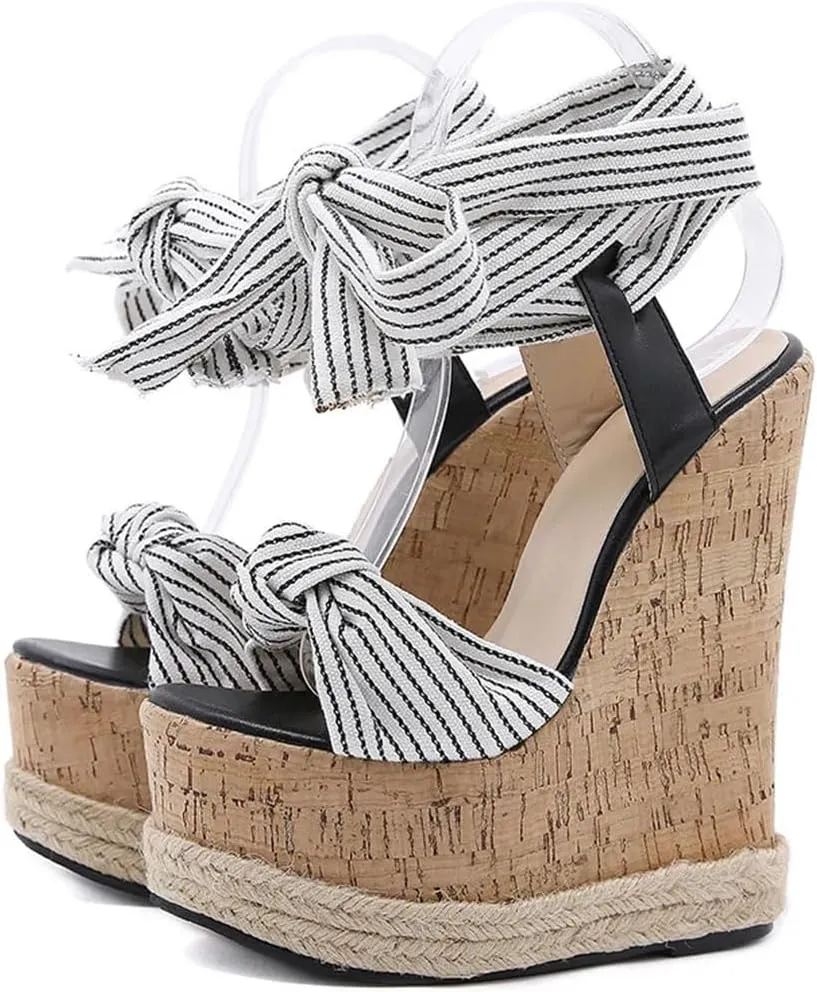 Women's Butterfly-Knot Lace-Up Open Toe Wedge Sandals With 8Cm High Heel And 5-7Cm Platform Party Shoes