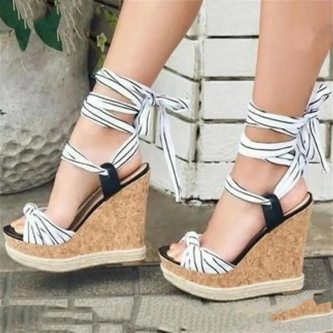 Women's Butterfly-Knot Lace-Up Open Toe Wedge Sandals With 8Cm High Heel And 5-7Cm Platform Party Shoes