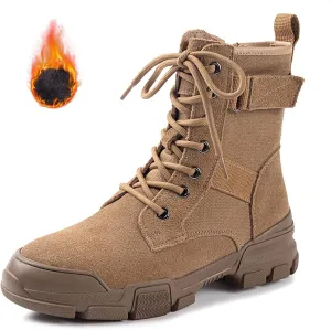Women's Canvas Chunky Platform Military Work Ankle Boots with Side Zipper Retro Comfortable Round Toe Lace Up Non-slip Combat Booties for Fall Winter Daily Casual Boots