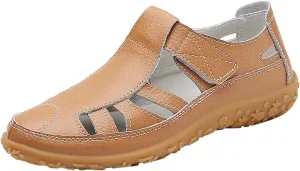 Women's Casual Boho Sandals Summer Leather Comfort Closed Toe Ankle Strap Beach Shoes Soft Sole Orthopedic Sandals