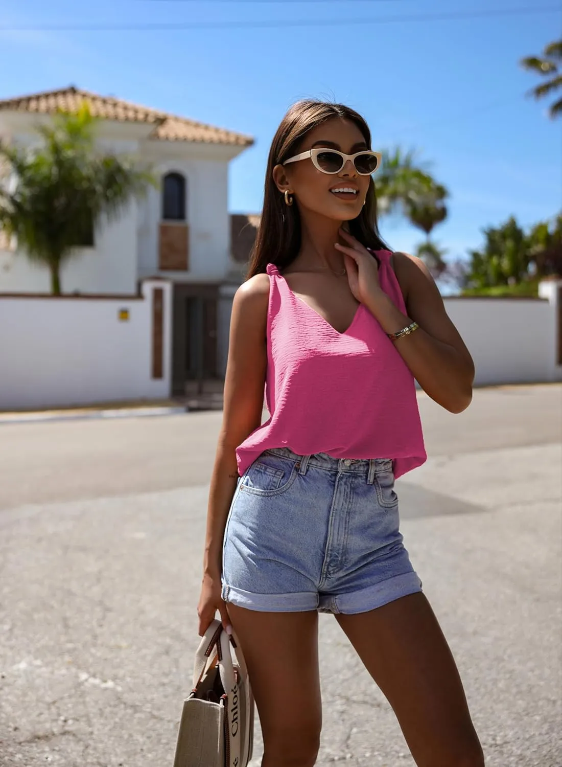 Womens Casual Fashion Tanks Tops V Neck Knotted Detail Tank Tops Sleeveless Blouses Shirts