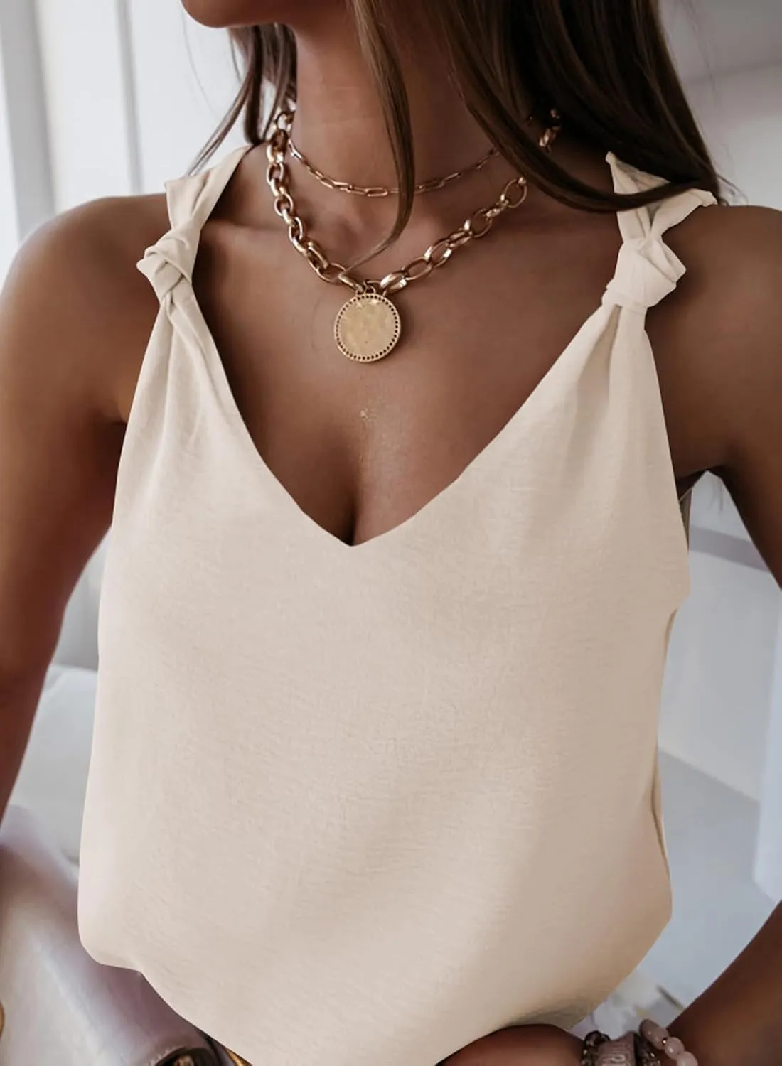 Womens Casual Fashion Tanks Tops V Neck Knotted Detail Tank Tops Sleeveless Blouses Shirts