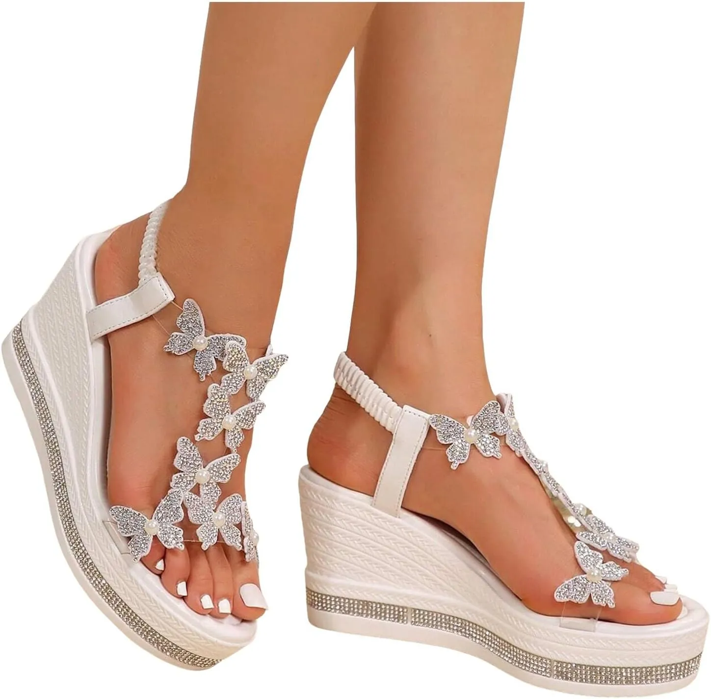 Women's Casual High Heel Wedge Platform Sandals 2025 Summer Fashionable Open Toe Butterfly Rhinestones Decoration Sandal Thick Sole Orthotic Comfortable Outdoor Vacation Sandal