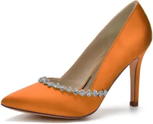 Women's Closed-Toe Satin High Heel Pumps with Rhinestone Embellishments | Bridal & Evening Shoes for Weddings, Galas, Parties