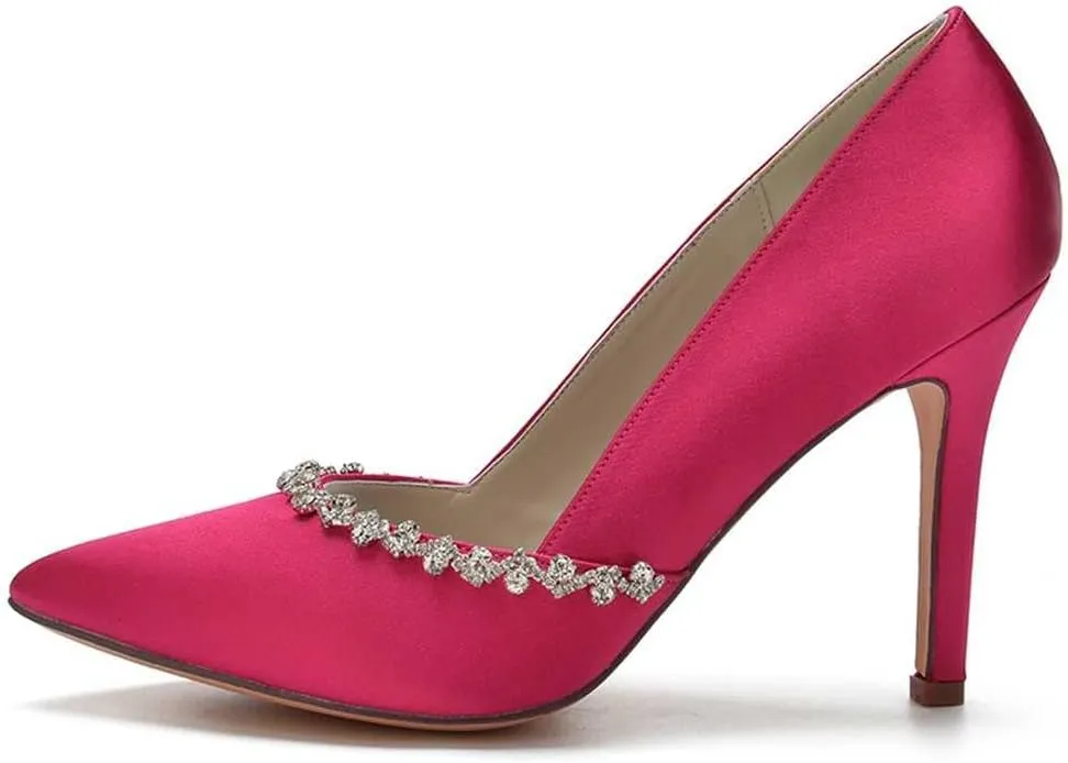 Women's Closed-Toe Satin High Heel Pumps with Rhinestone Embellishments | Bridal & Evening Shoes for Weddings, Galas, Parties