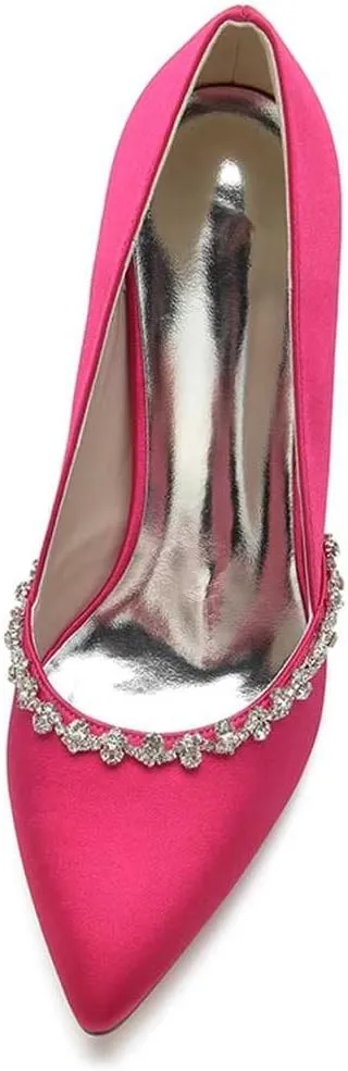 Women's Closed-Toe Satin High Heel Pumps with Rhinestone Embellishments | Bridal & Evening Shoes for Weddings, Galas, Parties