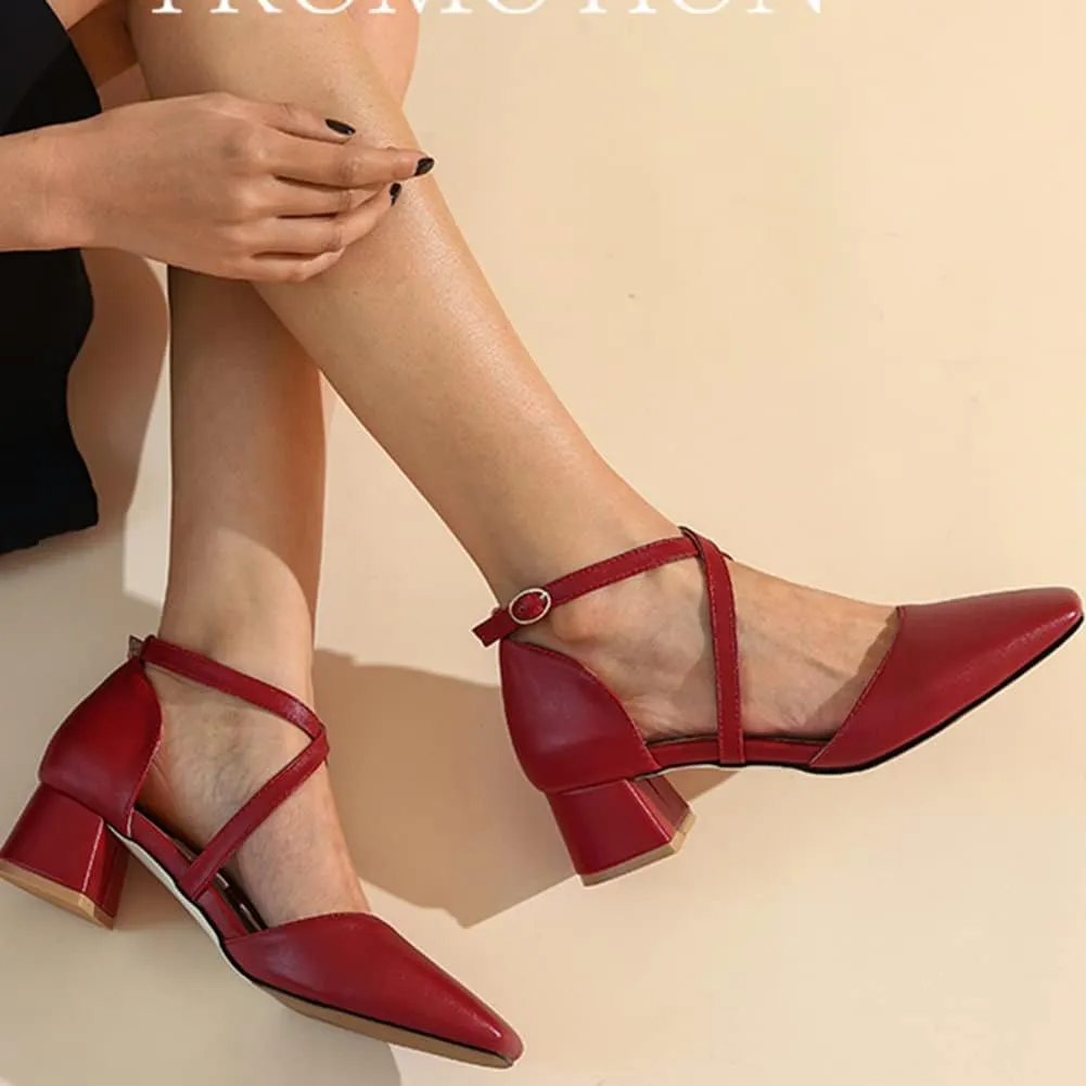 Womens Cross-Tied Court Shoes Square Toe Low Block Heel Pumps Ladies Ankle Strap Sandals