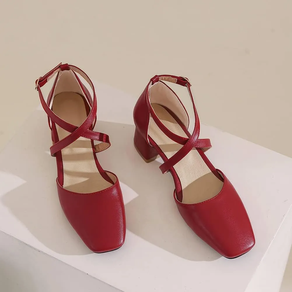 Womens Cross-Tied Court Shoes Square Toe Low Block Heel Pumps Ladies Ankle Strap Sandals