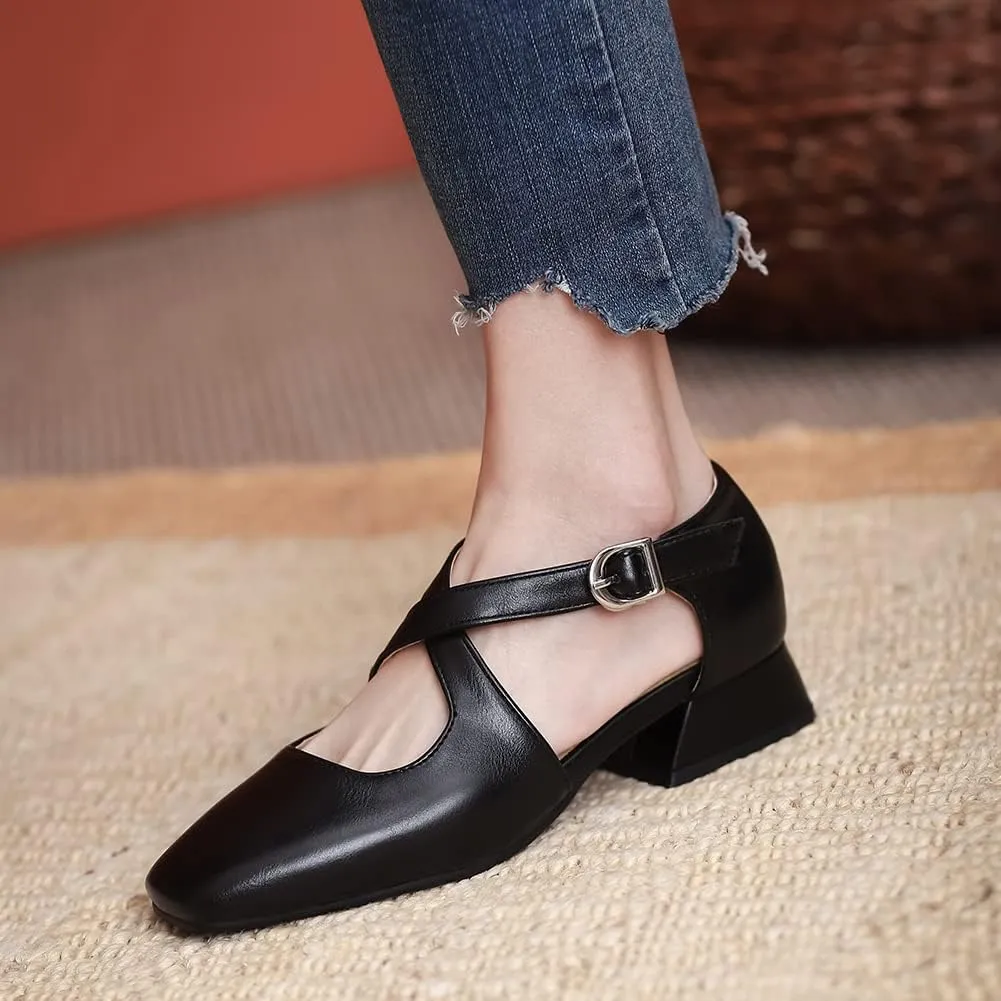 Womens Cross-tied Court Shoes Square Toe Low Block Heel Pumps Ladies Ankle Strap Sandals