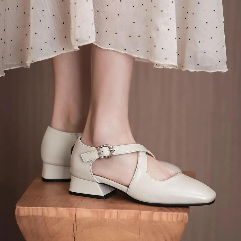Womens Cross-tied Court Shoes Square Toe Low Block Heel Pumps Ladies Ankle Strap Sandals