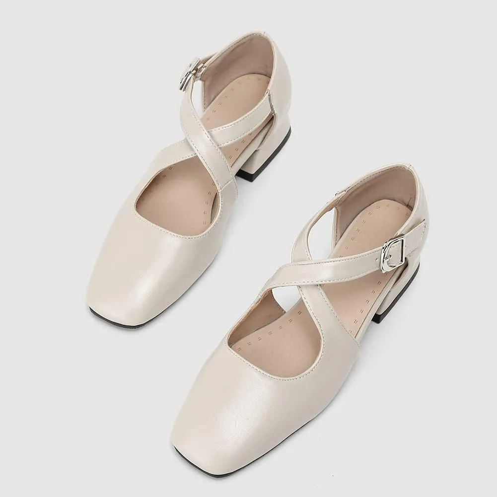 Womens Cross-tied Court Shoes Square Toe Low Block Heel Pumps Ladies Ankle Strap Sandals