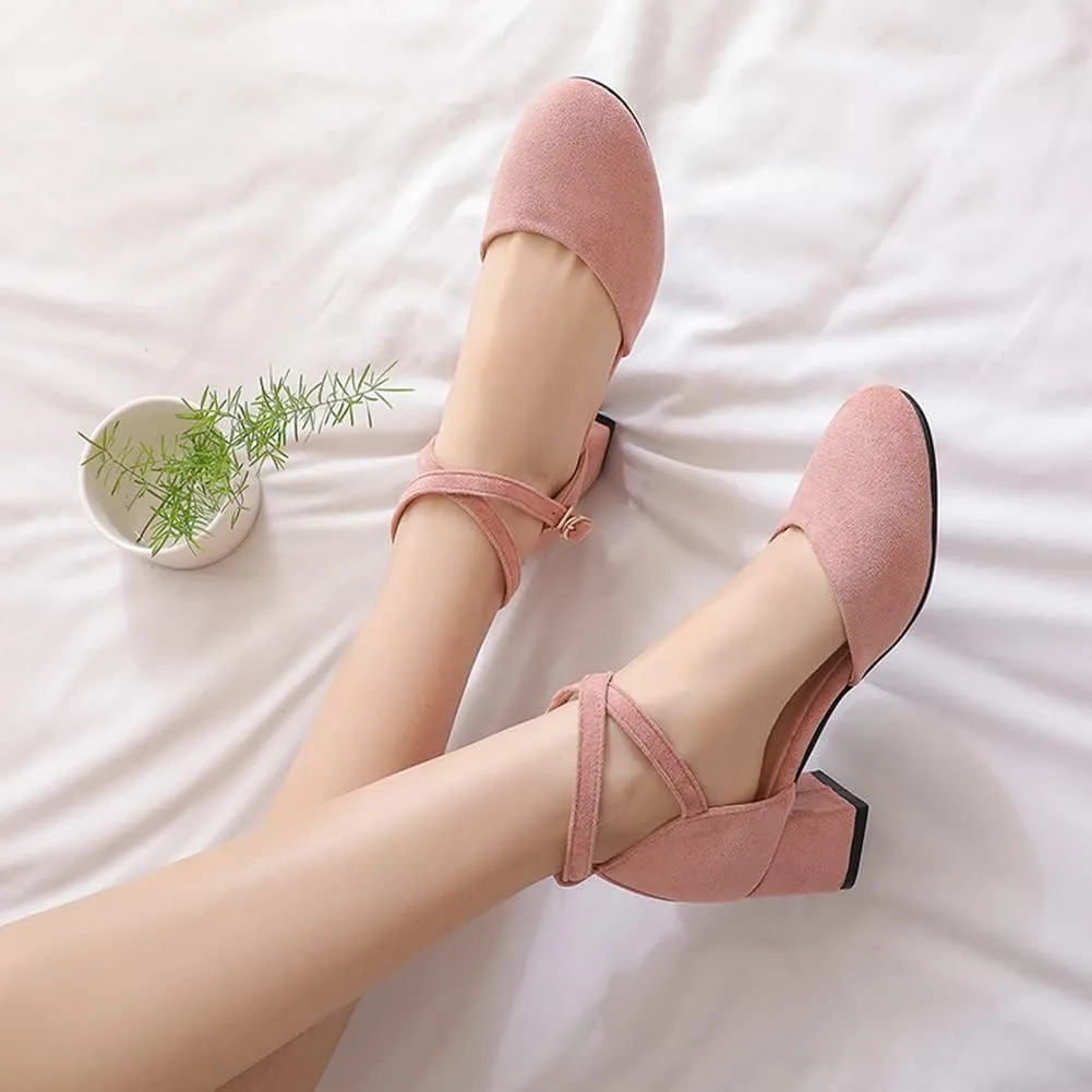 Womens Cross-tied Court Shoes Square Toe Low Block Heel Pumps Ladies Ankle Strap Sandals
