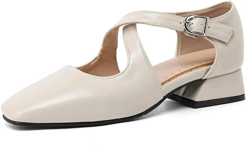 Womens Cross-tied Court Shoes Square Toe Low Block Heel Pumps Ladies Ankle Strap Sandals