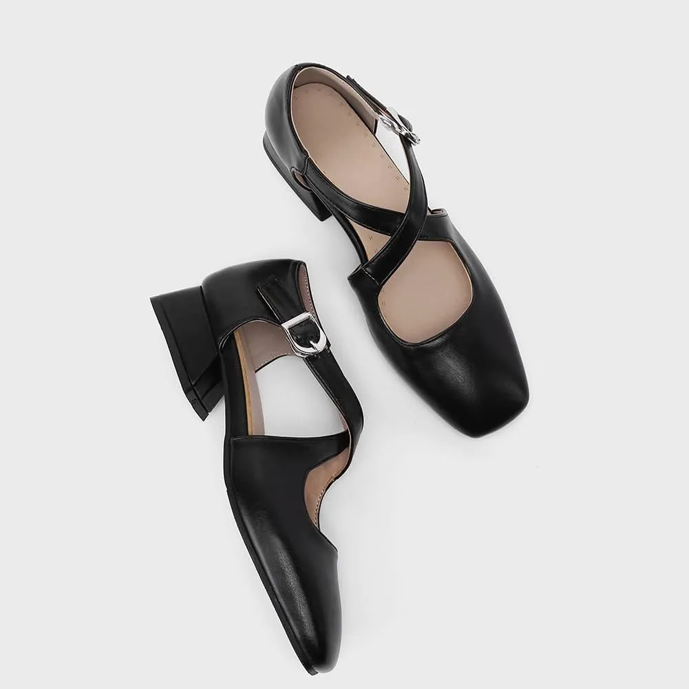 Womens Cross-tied Court Shoes Square Toe Low Block Heel Pumps Ladies Ankle Strap Sandals
