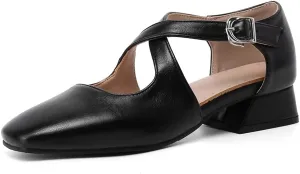 Womens Cross-tied Court Shoes Square Toe Low Block Heel Pumps Ladies Ankle Strap Sandals