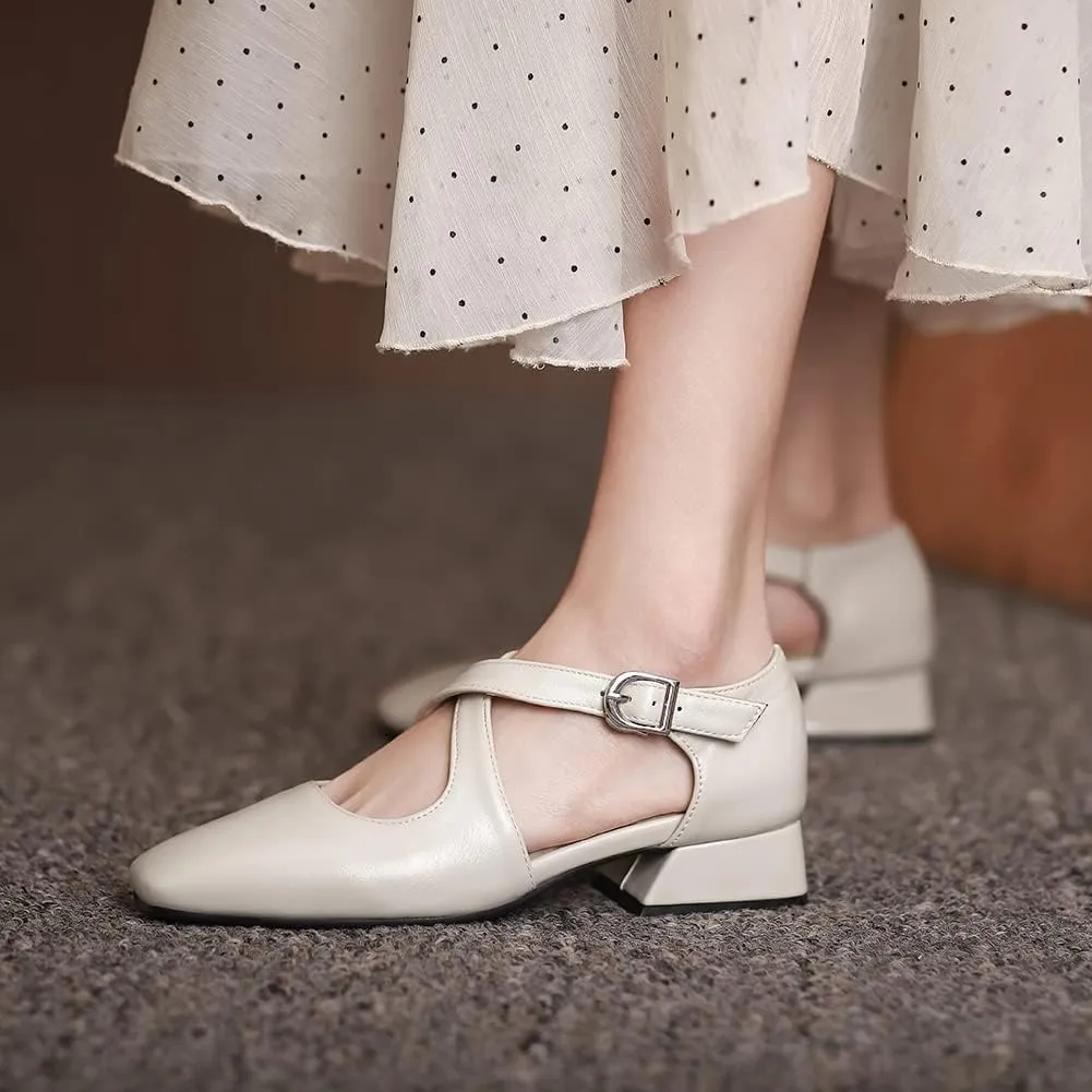 Womens Cross-tied Court Shoes Square Toe Low Block Heel Pumps Ladies Ankle Strap Sandals