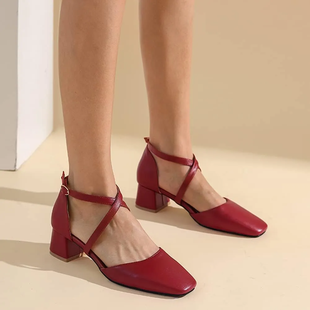 Womens Cross-Tied Court Shoes Square Toe Low Block Heel Pumps Ladies Ankle Strap Sandals