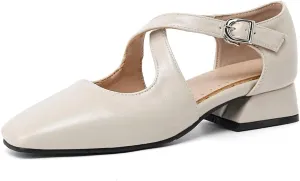 Womens Cross-tied Court Shoes Square Toe Low Block Heel Pumps Ladies Ankle Strap Sandals