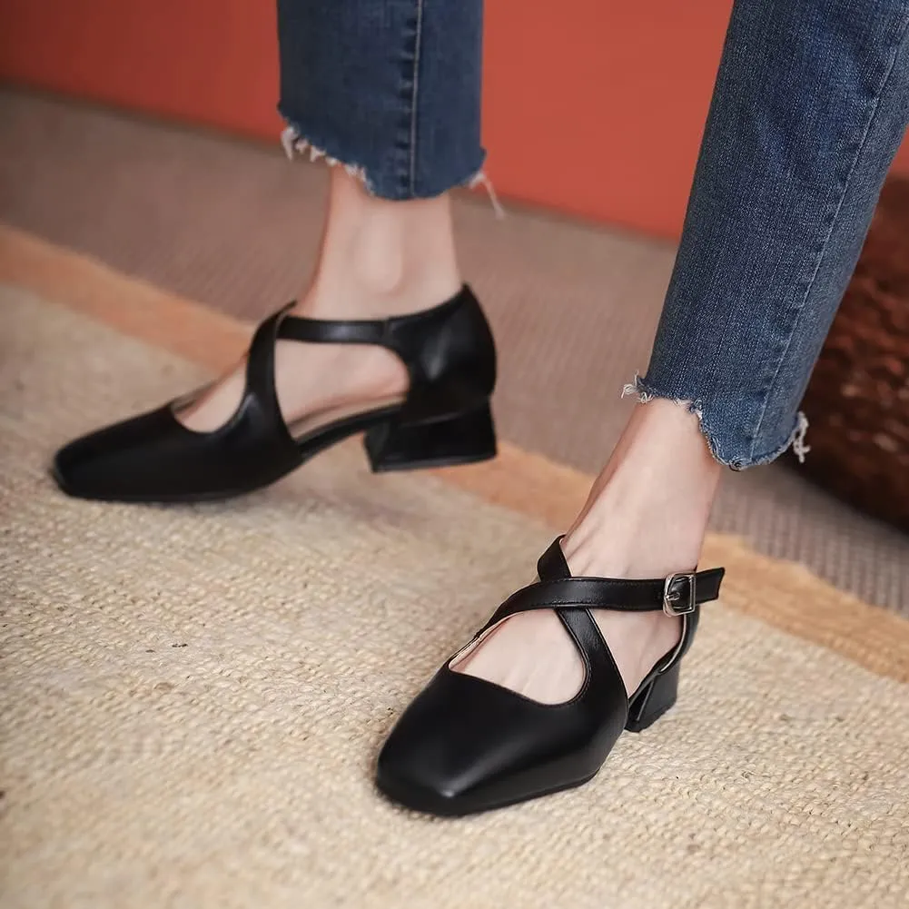 Womens Cross-tied Court Shoes Square Toe Low Block Heel Pumps Ladies Ankle Strap Sandals