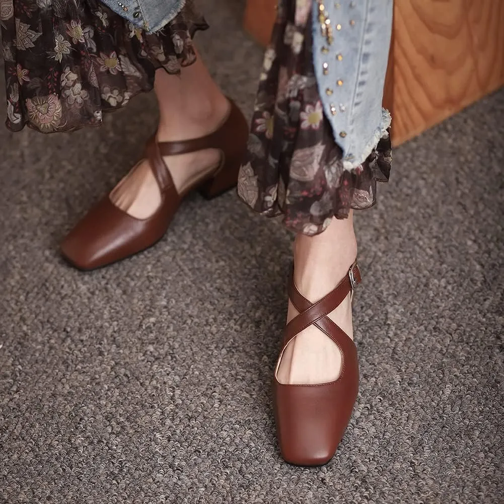 Womens Cross-Tied Court Shoes Square Toe Low Block Heel Pumps Ladies Ankle Strap Sandals