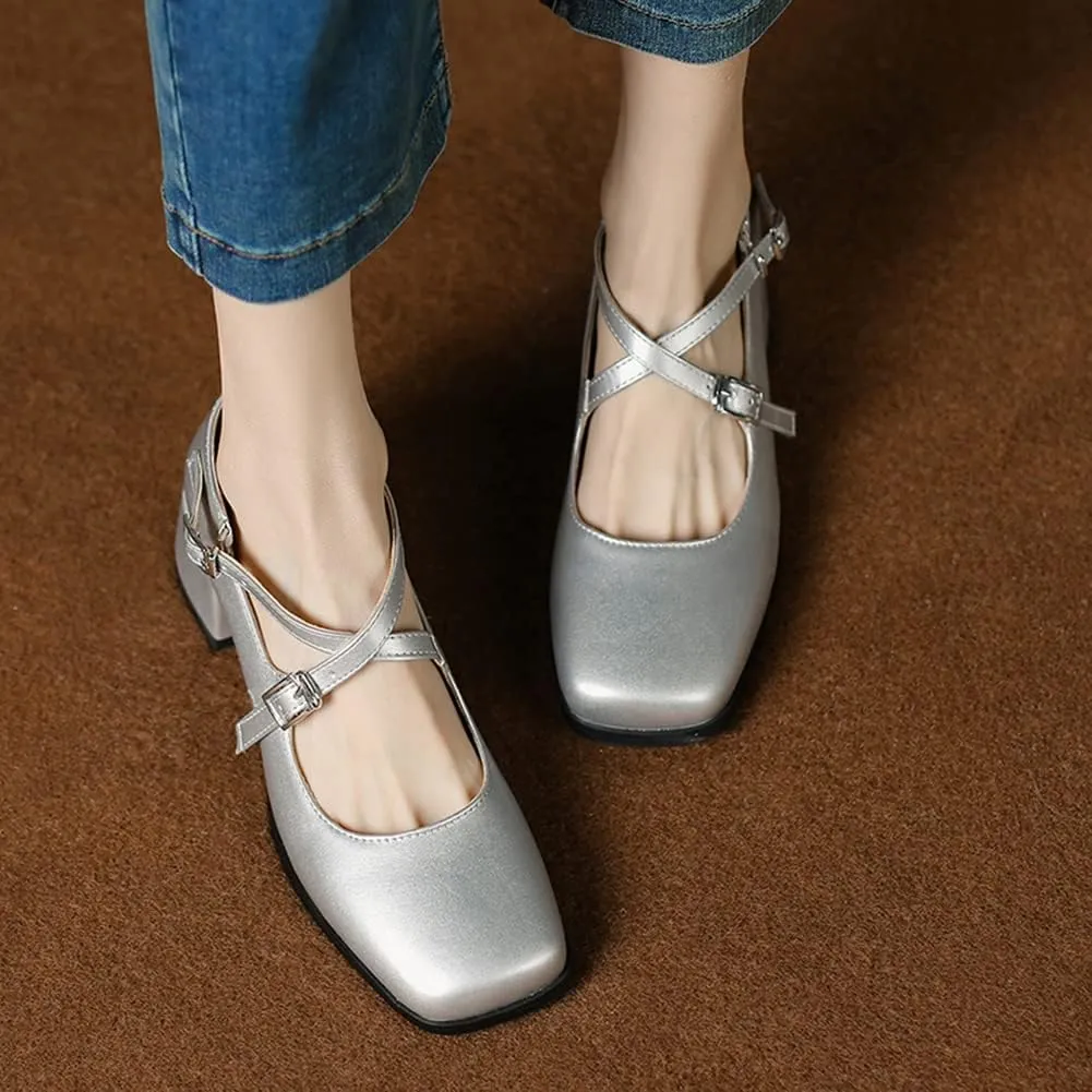 Womens Cross-Tied Court Shoes Square Toe Low Block Heel Pumps