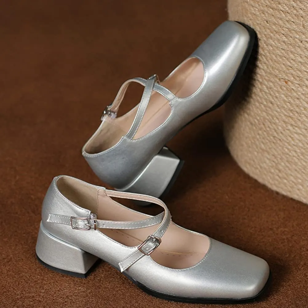 Womens Cross-Tied Court Shoes Square Toe Low Block Heel Pumps