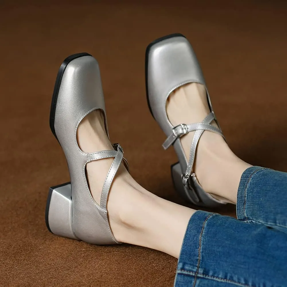 Womens Cross-Tied Court Shoes Square Toe Low Block Heel Pumps