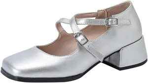 Womens Cross-Tied Court Shoes Square Toe Low Block Heel Pumps