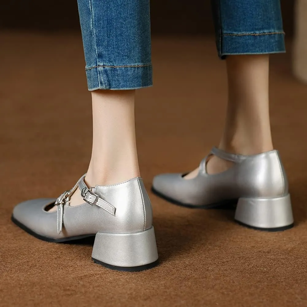 Womens Cross-Tied Court Shoes Square Toe Low Block Heel Pumps