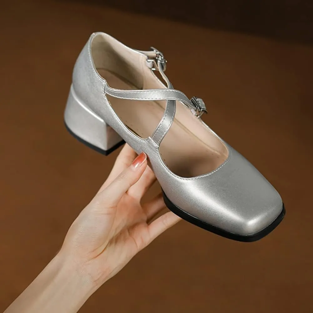 Womens Cross-Tied Court Shoes Square Toe Low Block Heel Pumps