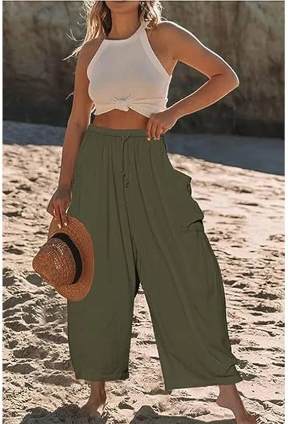 Women's Elastic Pleated High Waisted Wide Leg Pants Loose Casual Cotton Linen Long Lounge Trouser Palazzo Pant